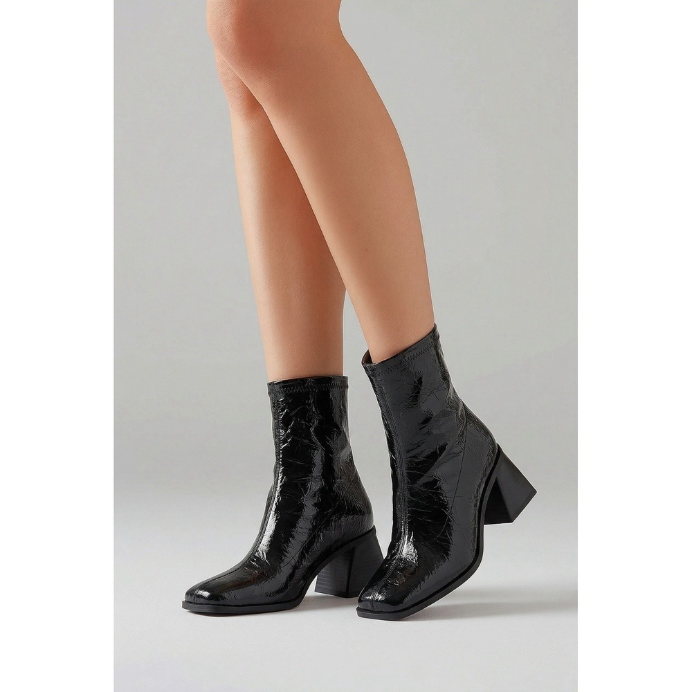Katy Perry Loletta Stretch Ankle Boots Black Patent Square Toe Chunky Heel 9.5